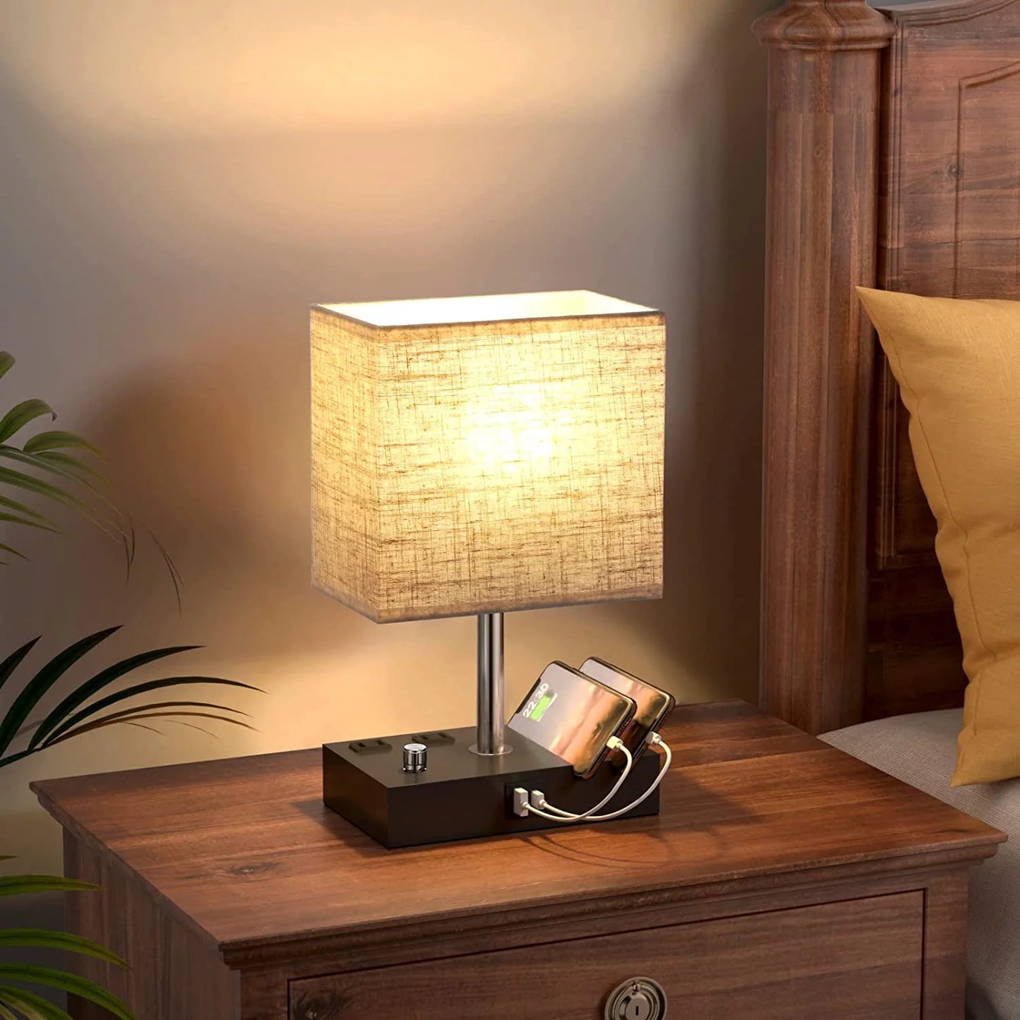 Lámpara de mesita de noche para dormitorio con dos puertos USB de carga rápida, totalmente regulable, con dos soportes para teléfono y dos tomas de carga, lámpara de escritorio con pantalla de tela para sala de estar.