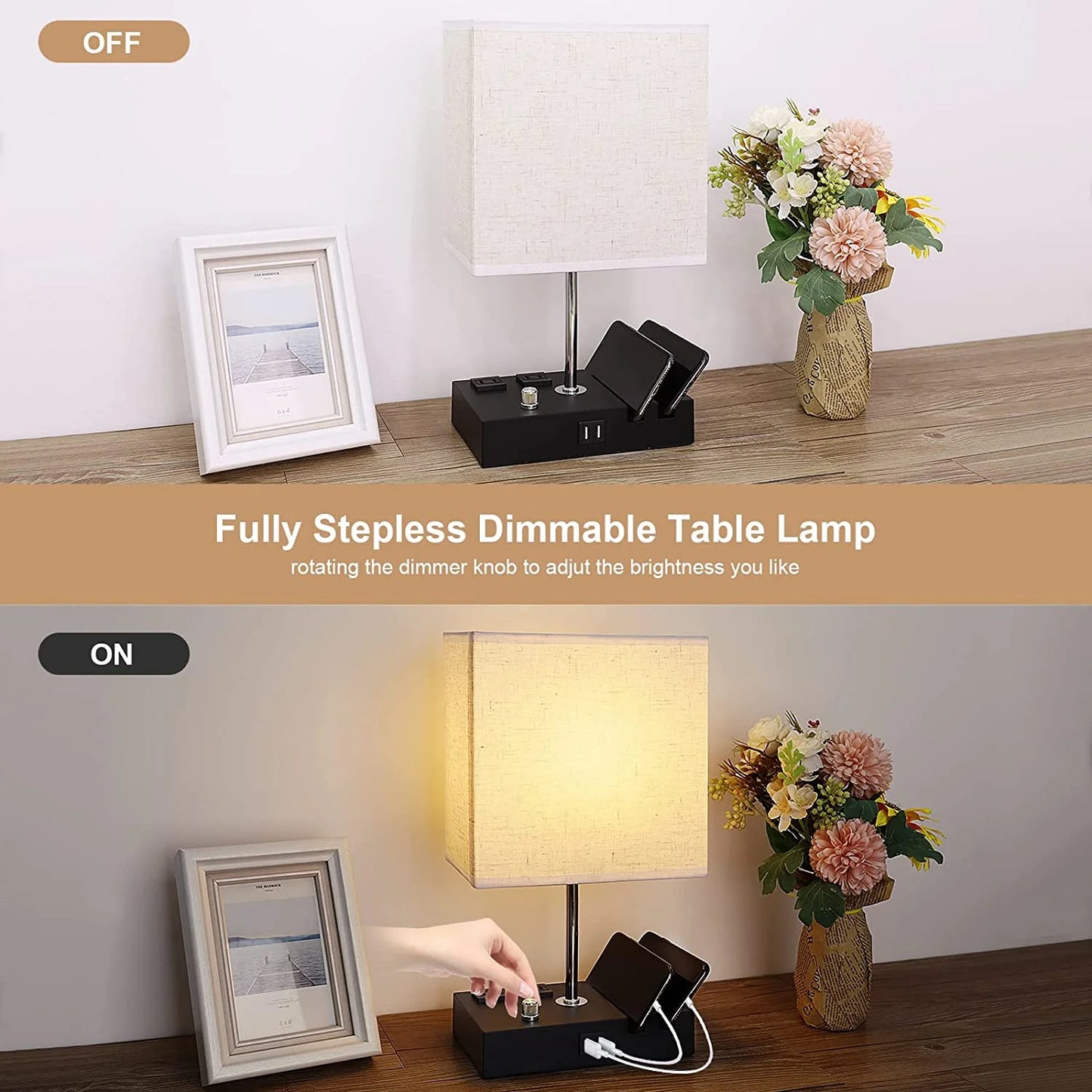 Lámpara de mesita de noche para dormitorio con dos puertos USB de carga rápida, totalmente regulable, con dos soportes para teléfono y dos tomas de carga, lámpara de escritorio con pantalla de tela para sala de estar.