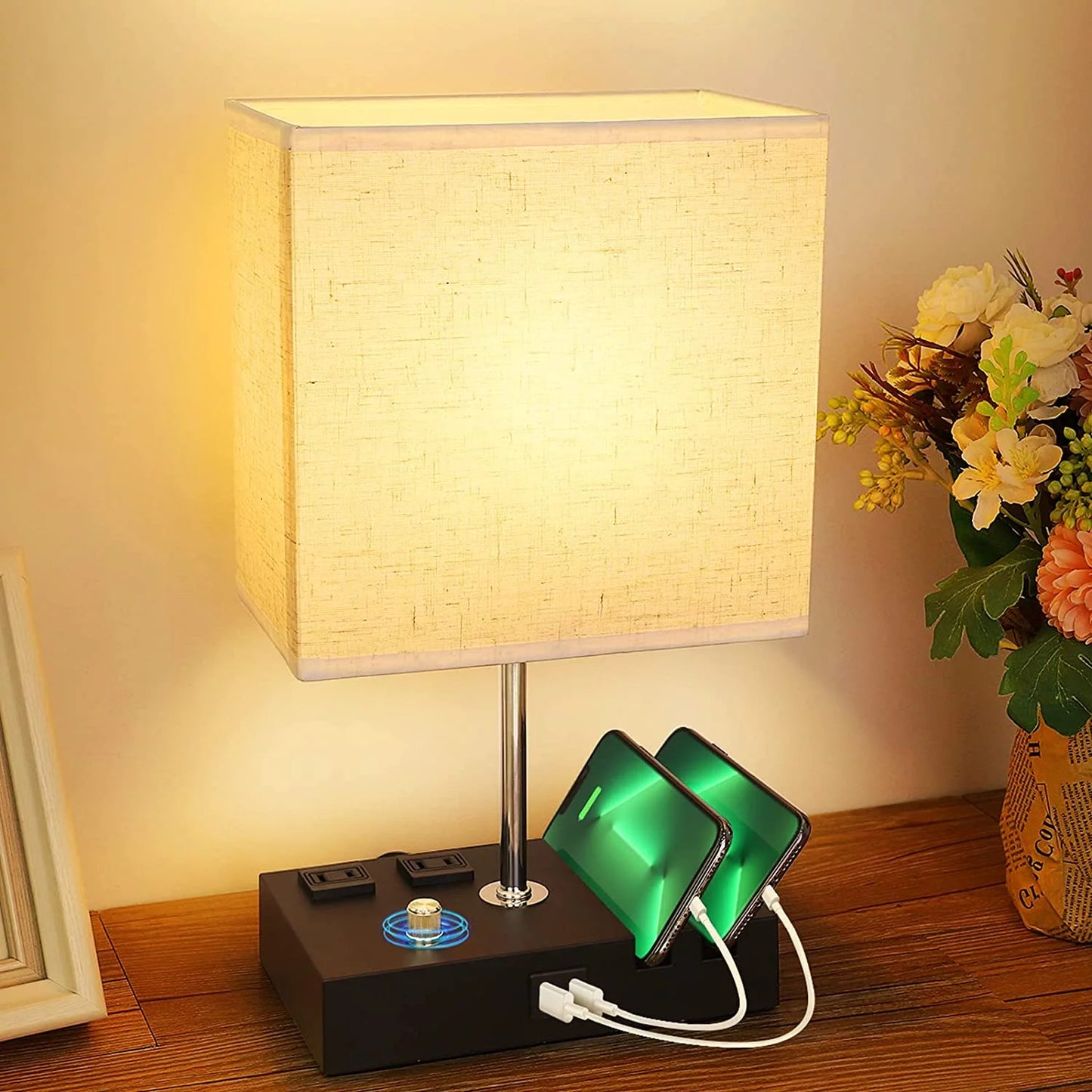 Lámpara de mesita de noche para dormitorio con dos puertos USB de carga rápida, totalmente regulable, con dos soportes para teléfono y dos tomas de carga, lámpara de escritorio con pantalla de tela para sala de estar.