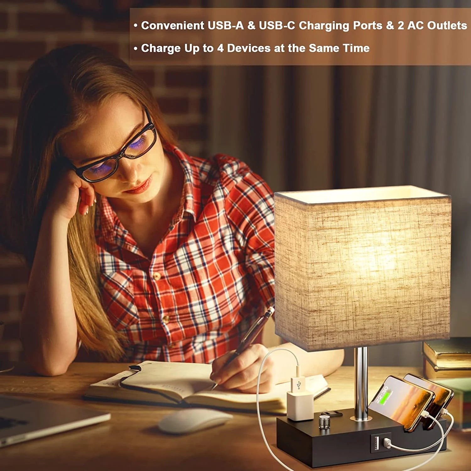 Lámpara de mesita de noche para dormitorio con dos puertos USB de carga rápida, totalmente regulable, con dos soportes para teléfono y dos tomas de carga, lámpara de escritorio con pantalla de tela para sala de estar.