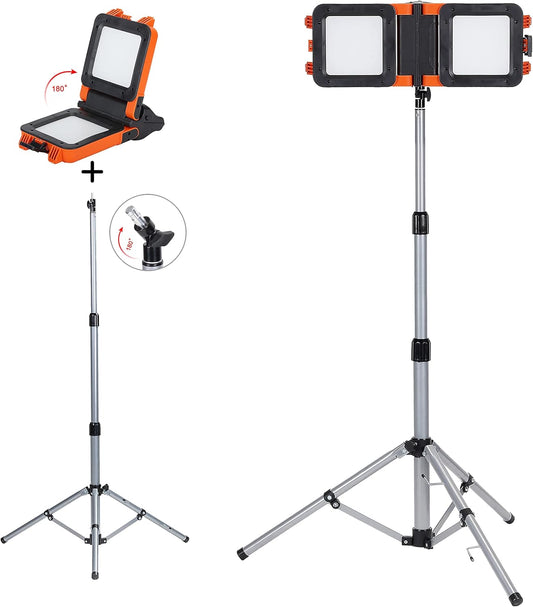 Luz de trabajo LED de doble cabezal, recargable, inalámbrica, de 2000 lúmenes, con trípode telescópico, regulable, desmontable, impermeable, para camping, construcción y reparación de vehículos, color naranja.