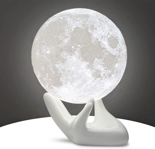 Lámpara de luna de 3,5 pulgadas con impresión 3D, luz nocturna con soporte de mano blanco, ideal como regalo de cumpleaños para niños, mujeres, niñas y niños. Carga USB, control táctil, brillo bicolor, blanco cálido y frío.
