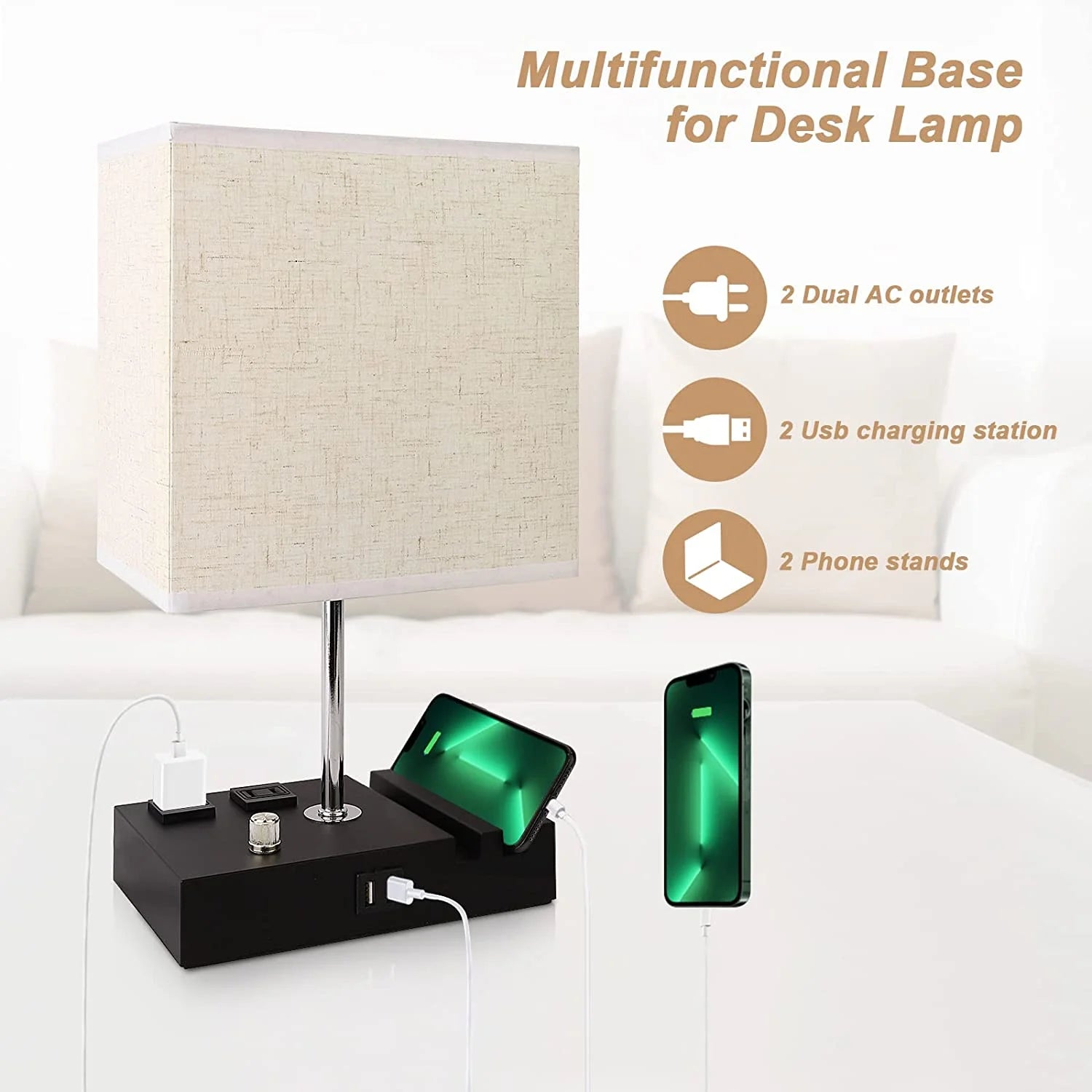 Lámpara de mesita de noche para dormitorio con dos puertos USB de carga rápida, totalmente regulable, con dos soportes para teléfono y dos tomas de carga, lámpara de escritorio con pantalla de tela para sala de estar.