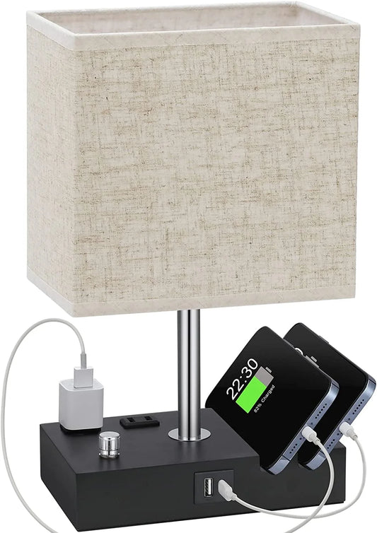Lámpara de mesita de noche para dormitorio con dos puertos USB de carga rápida, totalmente regulable, con dos soportes para teléfono y dos tomas de carga, lámpara de escritorio con pantalla de tela para sala de estar.