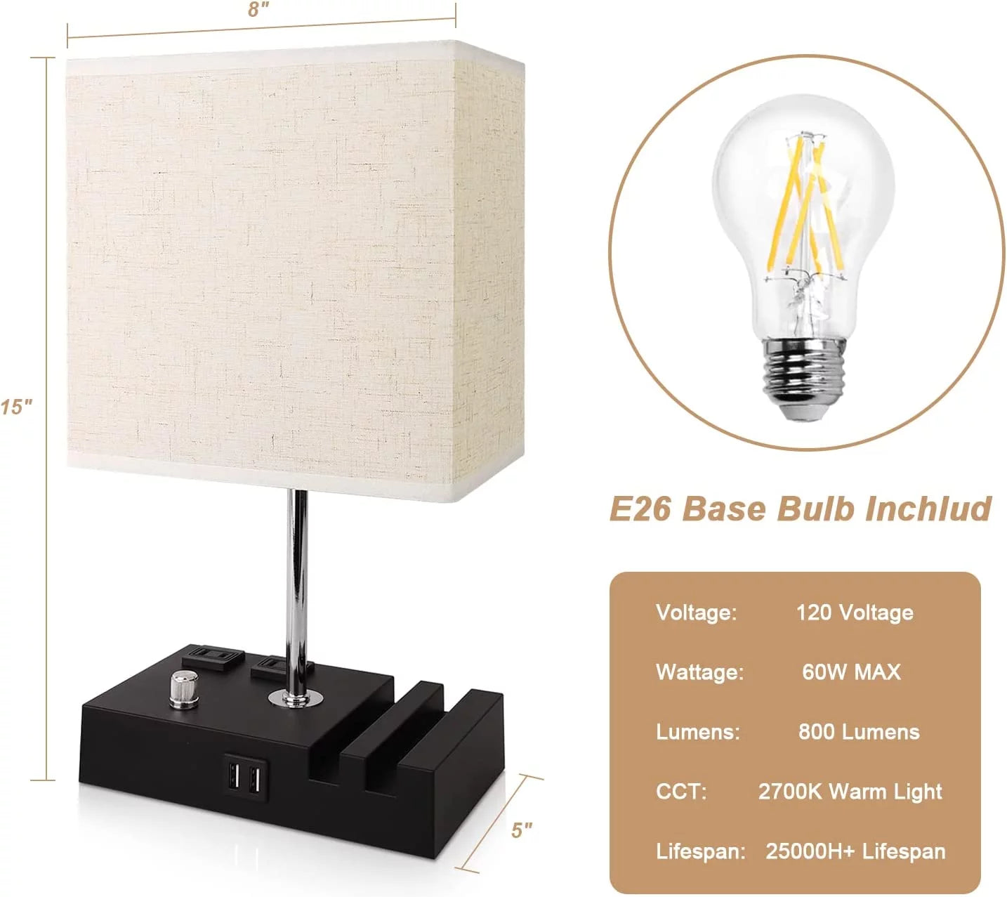 Lámpara de mesita de noche para dormitorio con dos puertos USB de carga rápida, totalmente regulable, con dos soportes para teléfono y dos tomas de carga, lámpara de escritorio con pantalla de tela para sala de estar.